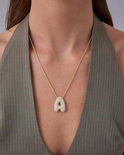 PAVOI 14K Gold Plated Cubic Zirconia Bubble Letter Initial Necklaces for Women | Gold Balloon Necklace Letter | Chunky Pendant Necklaces thumbnail 2