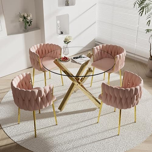 HAIZAO Golden Round Dining Table Set for 4, 39'' Clear Glass Top Dinner Table Set, 5 Pieces Modern Luxury Circle Kitchen Table and Pink Woven Chairs Set, Small Circular Dinette Set, for Apartment thumbnail 3