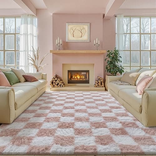 PureCozy Checkered Rug 6x9 for Living Room, Pink and White Modern Shag Rug Washable Non-Slip Large Area Rug Super Soft Indoor Fuzzy Carpet Fluffy Rugs for Bedroom Home Aesthetic Decor - Image 1