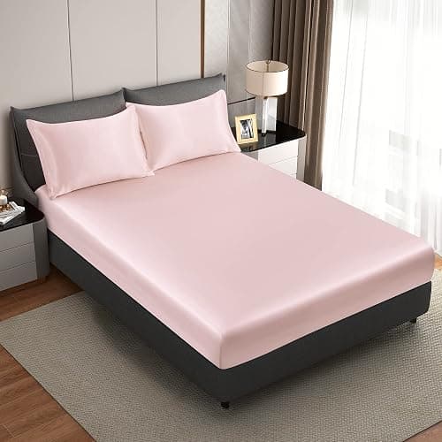 HommxJF Silk Satin Blush Pink Twin Fitted Sheet, Deep Pocket Fitted Sheet Only, Breathable, Non- Fading, Fully Elasticized Bed Sheets Sold Separately - Image 1