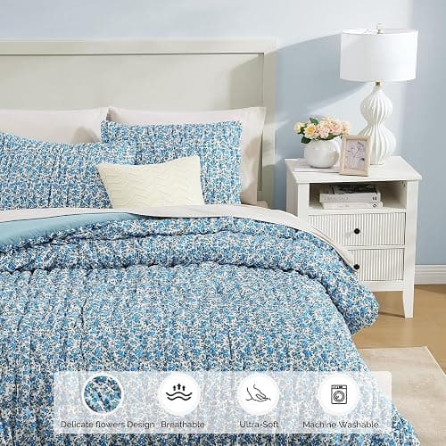 BLOOMHAVEN Queen Comforter Set - 7 Pieces Blue Classic Puff Floral Bedding Sets for All Seasons, Shabby Chic Farmhouse Bed in a Bag Queen with Wildflowers Fluffy Comforter, Sheets, Pillowcases & Shams thumbnail 4