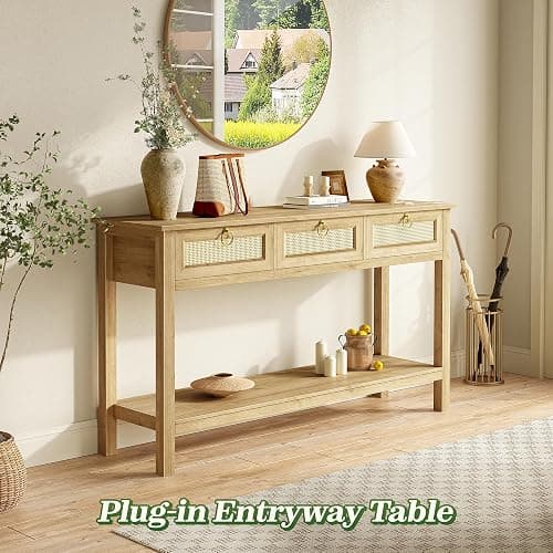 SUPERJARE Rattan Console Sofa Table with Outlets and USB-C Port, 3 Drawer Entryway Table with Synthetic Rattan Surface, Open Shelf, Behind Couch Entry Foyer Hallway Storage, Natural thumbnail 3