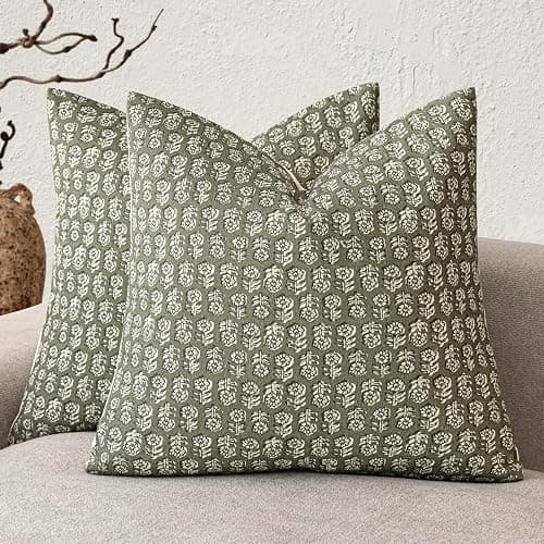 Foindtower Set of 2 Decorative Vintage Floral Print Throw Pillow Covers Neutral Modern Farmhouse Cushion Covers Boho Home Decor for Sofa Chair Couch Bedroom Living Room Outdoor,18×18 Inch,Sage Green - Image 1