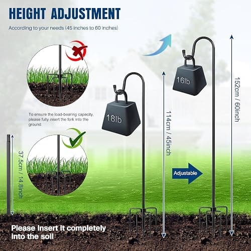 Ottsuls Shepherds Hooks for Outdoor - 60" Heavy Duty Bird Feeder Pole with 5 Prong Base, Adjustable Stand Hanger for Garden Plant, Hummingbird Feeder, Lantern Lights - Haning Wedding Decor (1 Pack) thumbnail 3