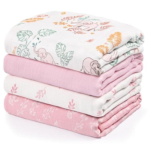 GLLQUEN BABY Muslin Swaddle Blankets 4-Pack Breathable Receiving Blankets (35" x 40") Soft Baby Blankets for Girls and Boys Newborn Essentials Muslin Burp Cloths Swaddle Wrap Baby Gift(Pink Elephant) - Image 1