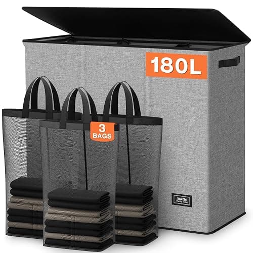 SOLEDI 180L Laundry Hamper 3 Section, Extra Large Laundry Hamper with Lid, Dirty Clothes Hamper with Sturdy Handle, Large Laundry Basket Organizer for Laundry Room, Bedroom, Hampers for Laundry - Image 1