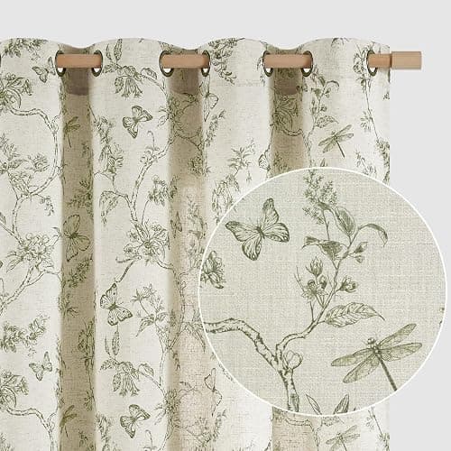 Lazzzy Linen Farmhouse Curtains Green Floral Curtains 63 Inch Length Drapes for Living Room Bedroom Pattern Light Filtering Country Vintage Curtain Grommet Top, 2 Panels, Green on Beige - Image 1