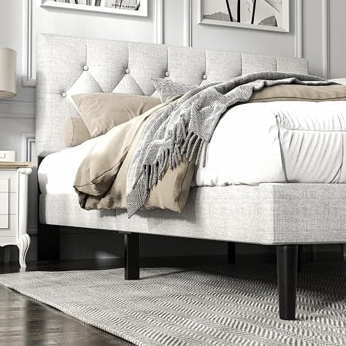 HAOARA Full Size Platform Bed Frame with Upholstered Button Tufted Headboard, Mattress Foundation with Wooden Slat Support, Noise Free, No Box Spring Needed, Easy Assembly, Light Grey thumbnail 4