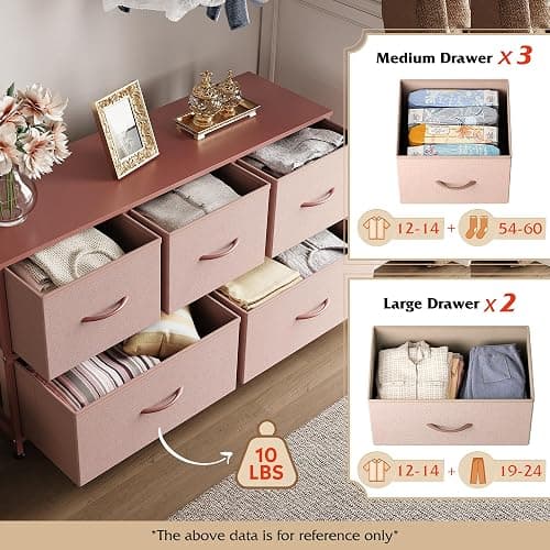 WLIVE Dresser for Bedroom with 5 Drawers, Wide Chest of Drawers, Fabric Dresser, Storage Organization Unit with Fabric Bins for Closet, Living Room, Hallway, Pink and Rose Gold thumbnail 4