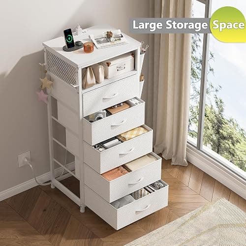 EnHomee Tall Night Stand Set 2 with 5 Drawers, LED Nightstand with Ports & Outlets, White Dresser with Extra Side Bag & Storage Shelf & Hooks, Bedroom, Dorm, Closet thumbnail 6