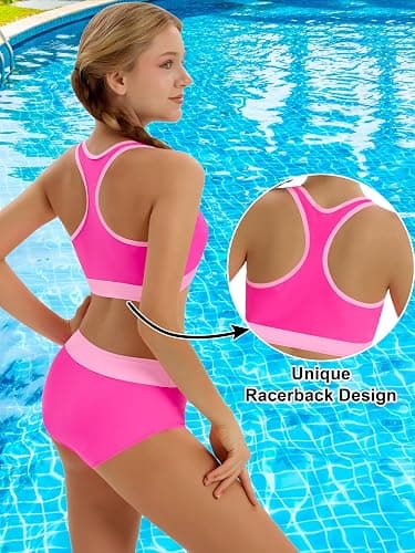 Girls Swimsuit Color-Block High Waist Sporty Sets Girls Two Piece Bathing Suit with Chest Pad Swimwear 7-16T thumbnail 4