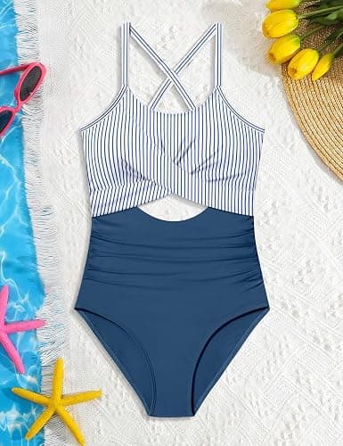 TyeSmo Girl Swimsuit One Piece Cutout Ruched Bathing Suit for Girls Color Block Adjustable Straps Pad Swimwear 9-18y thumbnail 6