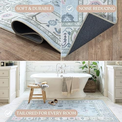 Fame Living Cream Blue Oushak Rug, Modern, Vintage, Turkish, Eclectic, Floral, Pastel, Washable, Area Rugs for Living Room, Dining, Bedroom, Office, Entryway, Foyer, Playroom, Nursery, 5'x6'9" thumbnail 5