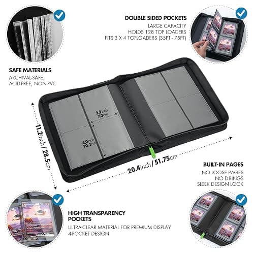 FunGuys Toploader Binder, Trading Card Binder Storage,128 4 Pocket Top Loader Pokemon Binder, Card Collection for Yugioh, MTG, TCG, Card Folders for Trading Cards - Black and Black thumbnail 2