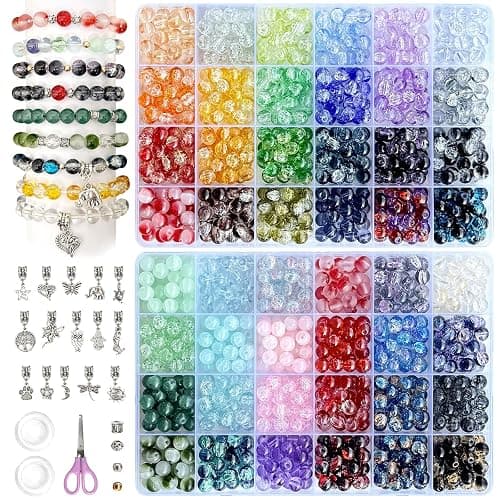 Rujiaoa 8mm Crackle Glass Beads for Bracelets, 1200PCS Adult Bracelet Making Kit with Elastic Cord & Charms, DIY Jewelry Gifts for Beginners - Image 1