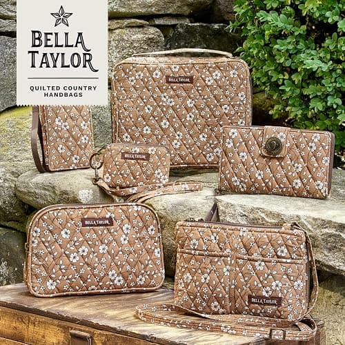 Bella Taylor Large Quilted Cotton Makeup Pouch for Women, Travel Cosmetic Bag, Quilted Cotton Vintage Vine Brown Floral thumbnail 5