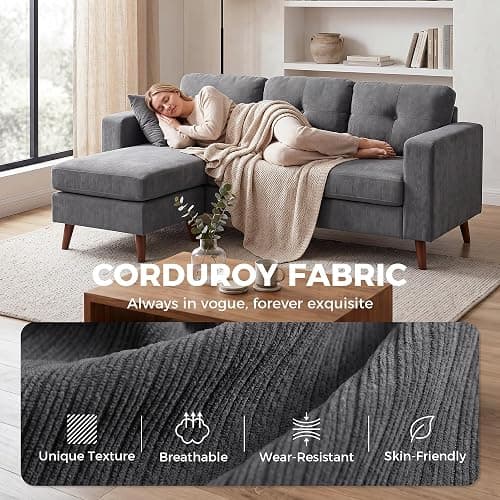 Switdo Ecksofa 3-Sitzer 192 cm Dunkelgrau umkehrbarer Chaiselongue Cord-Optik kompakt für kleine Räume thumbnail 8