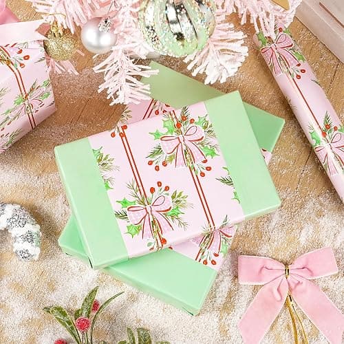 LeZakaa Christmas Wrapping Paper Roll, Pink Red Bow Berry Green Solid Color Design Holiday Gift Wrap for Kids Girls Women, Watercolor Style for Christmas Party Present, Mini Roll 17" x 16.4 ft thumbnail 4