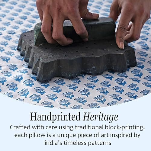 CPC Apatite Blue 100% Cotton Block Print Ruffle Pillow Cover 16X16 inch, Handmade Boho Floral Pillowcase, Farmhouse Cottagecore Bedding, Soft Decorative Cushion Cover for Bedroom Décor thumbnail 5