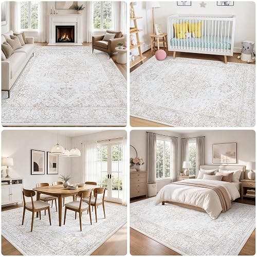 Xafir 8x10 Area Rugs for Living Room Washable Non-Slip Rug Beige | Vintage Medallion Rug，Soft Low Pile Large Rugs，Indoor Retro Carpet for Bedroom Nursery Dining Table Farmhouse Home Office thumbnail 7