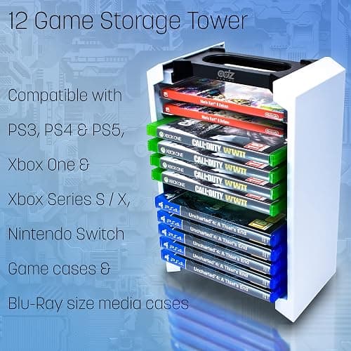 ADZ Game Storage Tower – Universal Video Game Storage – Stores 12 Game or Blu-Ray Disks – Game Holder Rack for PS4, PS5, Xbox One, Xbox Series X/S, Nintendo Switch Games and Blu-Ray Discs (White) thumbnail 4