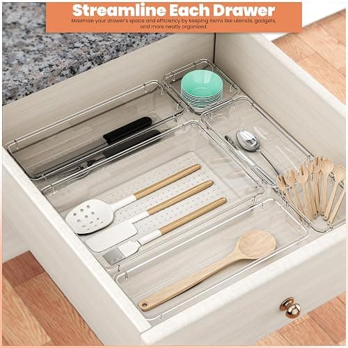 KICHLY 25 Pack Clear Plastic Desk Supplies Organizer, 4 Sizes Desk Drawer Organizer for Office Supplies, Vanity Organizers, Makeup, Gadgets, & Jewelry Storage Bins thumbnail 4