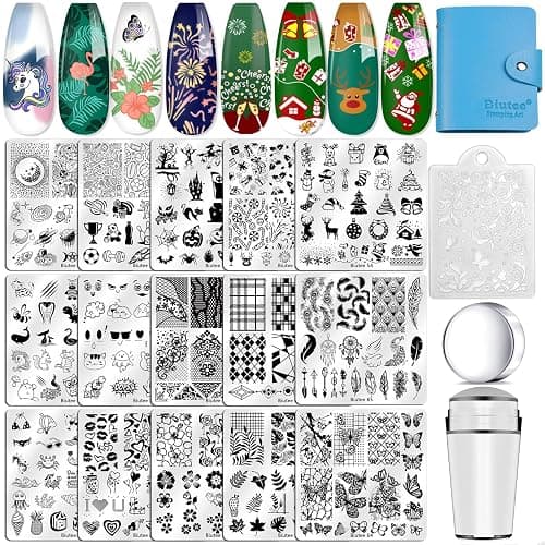 Biutee Nail Stamping Plates Set 15PCS Nail Art Stamper Scraper Nail Art Stamping Kit with Storage Bag Gift Box Nail Stamp Template Kit Lace Flower Butterfly Star Christmas Holiday Design - Image 1