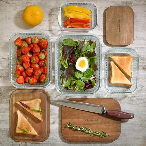 dokaworld Ribbed Glass 4 Stackable Meal Prep Containers with Acacia Lids | Lunch, Meal & Food Prep - Microwave & Oven Safe BPA Free Durable Heat Resistant Inert Borosilicate Glass thumbnail 2