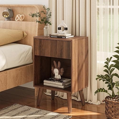 Nightstand, Modern Bedside Table with Storage Drawers and Open Wood Shelf, Night Stand with Solid Wood Legs, End Tables Side Tables for Living Room, Bedroom Walnut thumbnail 3