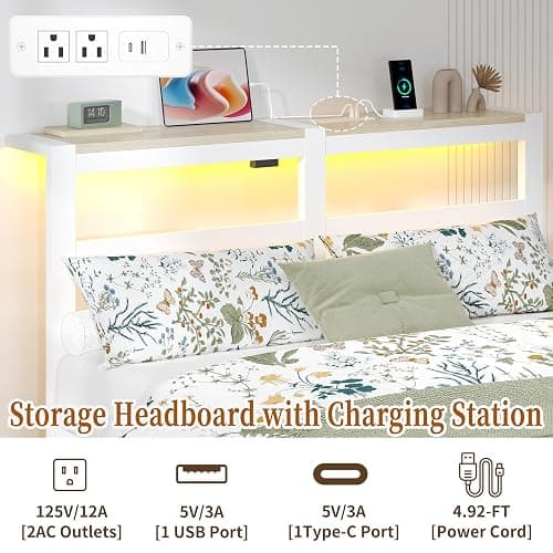 ChicZhiNest Full White Bed Frames with Charging Station and LED Lights, Full Platform Bed with Heavy Duty Metal Slats, Storage Headboard, Under Bed Storage, No Box Spring Needed, Noise Free thumbnail 4