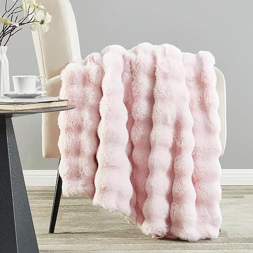 DREAMNINE Decorative Soft Thick Fuzzy Bubble Faux Rabbit Fur Throw Blanket for Couch Sofa, Reversible Plush Warm Fluffy Blankets for Winter, Luxury Cute Cozy Furry Fur Blanket for Bed, 50" x 60", Pink thumbnail 2