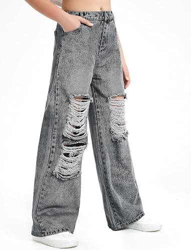 EXARUS Girls Jeans Baggy Pants Wide Leg/Flare/Skinny Teen Ripped Denim Tween Clothes Outfits Preppy Casual Kids 6-14Y thumbnail 3