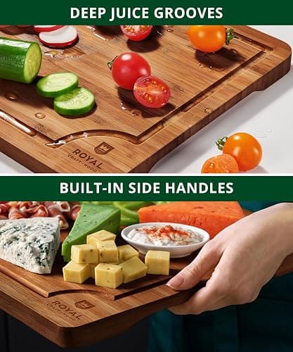 ROYAL CRAFT WOOD Wooden Cutting Boards for Kitchen Appliances - Non Toxic Bamboo Wood Cutting Board Set with Deep Juice Groove, Side Handles, Charcuterie & Butcher Block for Meat, Meal Prep & Serving thumbnail 5