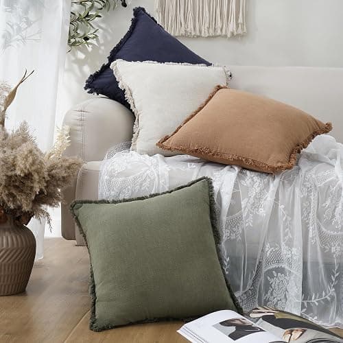 Foindtower Set of 2 Decorative Linen Fringe Throw Pillow Covers Cozy Boho Farmhouse Cushion Cover with Tassels Soft Accent Pillowcase for Couch Sofa Bed Living Room Home Decor, 22×22 Inch, Olive Green thumbnail 7