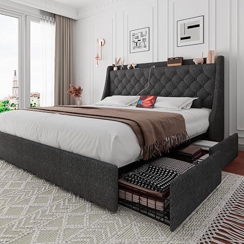 iPormis Queen Bed Frame with 4 Storage Drawers, Upholstered Platform Bed Frame with Type-C & USB Ports, Wingback Storage Headboard, Solid Wood Slats, No Box Spring Needed, Dark Gray - Image 1