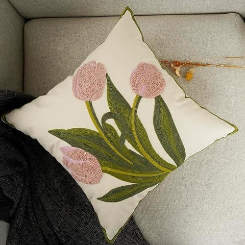 YOUR SMILE Pack of 2 Embroidered Decorative Throw Pillow Cover 18x18 Inch Farmhouse Floral Floor Pillowcase for Couch Living Room Sofa Bed,Pink Tulip thumbnail 5