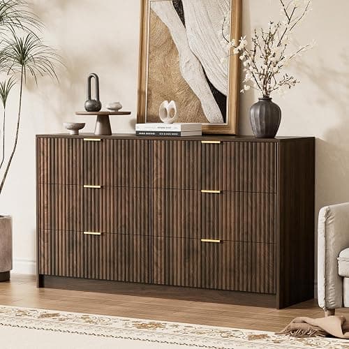 Furniway Walnut Dresser for Bedroom, Modern Dresser with 6 Drawers and Smooth Slides, Wide Chest of Drawers with Golden Handles for Bedroom, Living Room, Closet, 15.7" D x 55.1" W x 31.4" H thumbnail 6