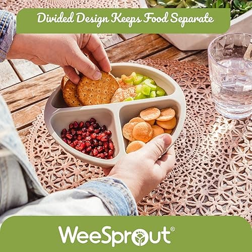 WeeSprout Suction Plates with Lids for Babies & Toddlers - 100% Silicone, Dinnerware Stays Put, Divided Design for Picky Eaters, Microwave & Dishwasher Friendly, 3 Pack - Matte Dark Grey, Blue & Green - With Lids thumbnail 9