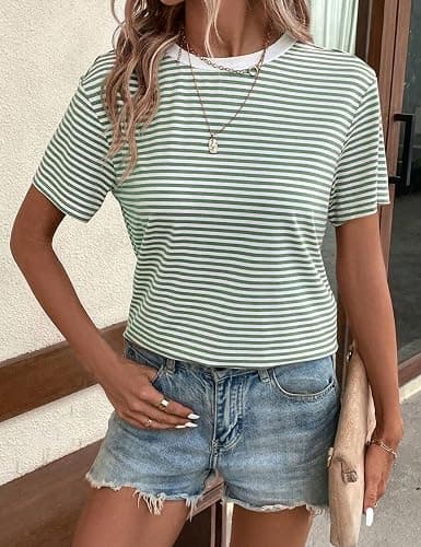 Dsewpaur Women Casual Striped Print Short Sleeve T Shirts Crew Neck Loose Fit Going Out Tee Tops Summer 2026 Clothes thumbnail 2