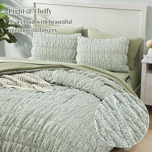 BLOOMHAVEN Twin XL Size Comforter Sets-5 Pieces Puff Sage Green Floral Bedding Set for All Seasons, Shabby Chic Farmhouse Bed in a Bag Twin XL with Floral Comforter, Sheets, Pillowcases & Shams thumbnail 5