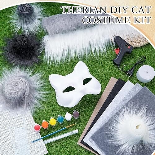 Seenelling 33 Pcs Therian DIY Mask Kit for Beginners Including Blank Cat Mask Faux Fur Fabric Felt Fabric Plastic Mesh Sheet(Classic Colors) thumbnail 4