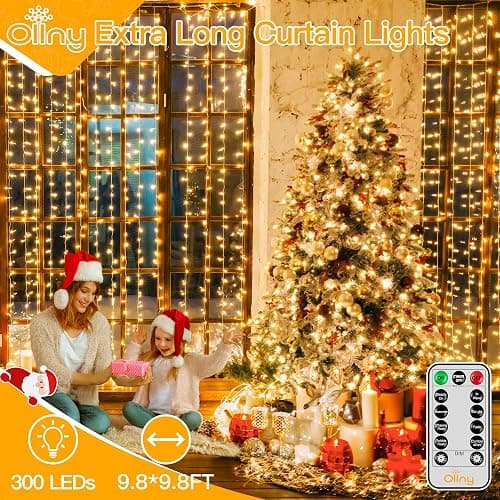 Ollny Christmas Curtain Lights 300 LED 9.8 FTx9.8 FT, Outdoor Waterproof Curtain String Lights with Remote Timer 8 Modes, USB Waterfall Window Lights for Wall Backdrop Home Decorations (Warm White) thumbnail 2