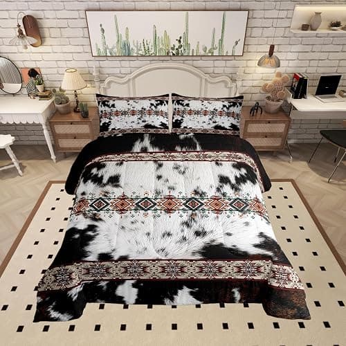 Castle Fairy Cowhide Full Size Comforter Set,Western Cow Skin Fur Print Brown Bedding Comforters Bedroom Collection,Exotic Aztec Tribal Southwest Bedding Set for Girls Teens - Image 1