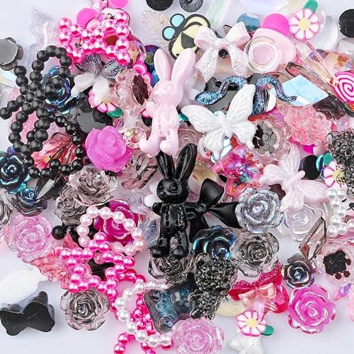 Kikonoke 2050 Pieces 3D Butterfly Rose Flower Bow Rabbit Bear Nail Charms Kit with Nail Art Rhinestones Pearls Crystal Gems Nail Slices for Manicure DIY Crafts Jewelry Accessories (Pink Black White) thumbnail 3