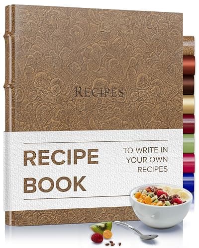 Gallery Leather Recipe book to write in your own recipes - 3 Ring Recipe Binder With Plastic Sleeves, Blank, 25 Pocket Pages and Ivory Cards, Fillable - Floral Espresso - 9.25 x 8 " - Image 1