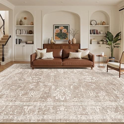 Madane 8x10 Area Rugs for Living Room, Machine Washable Vintage Rug with Non-Slip Backing, Soft Floral Print Large Throw Rugs, Thin Carpet for Bedroom Dining Room Farmhouse (8 x 10, Brown/Sand) thumbnail 2