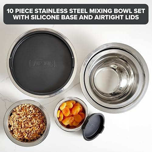 VIKING Mixing Bowls Set, 10 Piece Stainless Steel Kitchen Cookware, Non-Slip Silicone Base, Includes Tight Fit Lids, Dishwasher Safe, Black thumbnail 3