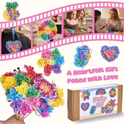 SOLDAY Poke Art Flower Bouquet Craft Kit with Charms for Kids Ages 4-8 8-12 | Includes 6 Poke-art flowers & 8 Hanging charms, Bee, Butterfly, Mess free creative Paper craft activity for gift thumbnail 5