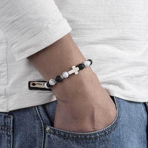 Softones 4PCS Cross Beads Bracelet for Men Women 8mm Healing Lava Stone Stretch Bracelets,7.5" thumbnail 2
