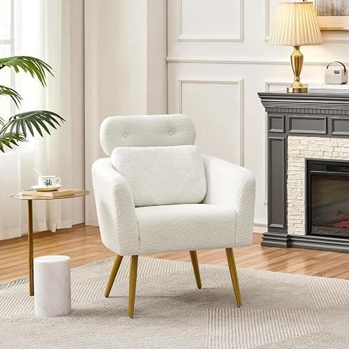 Yaheetech Tub Chair, Cozy Living Room Chair with Adjustable Headrest, Boucle Armchair with Lumbar Pillow and Golden Legs, Modern Accent Chair for Bedroom Lounge Waiting Room Office, White - White - 1 thumbnail 2
